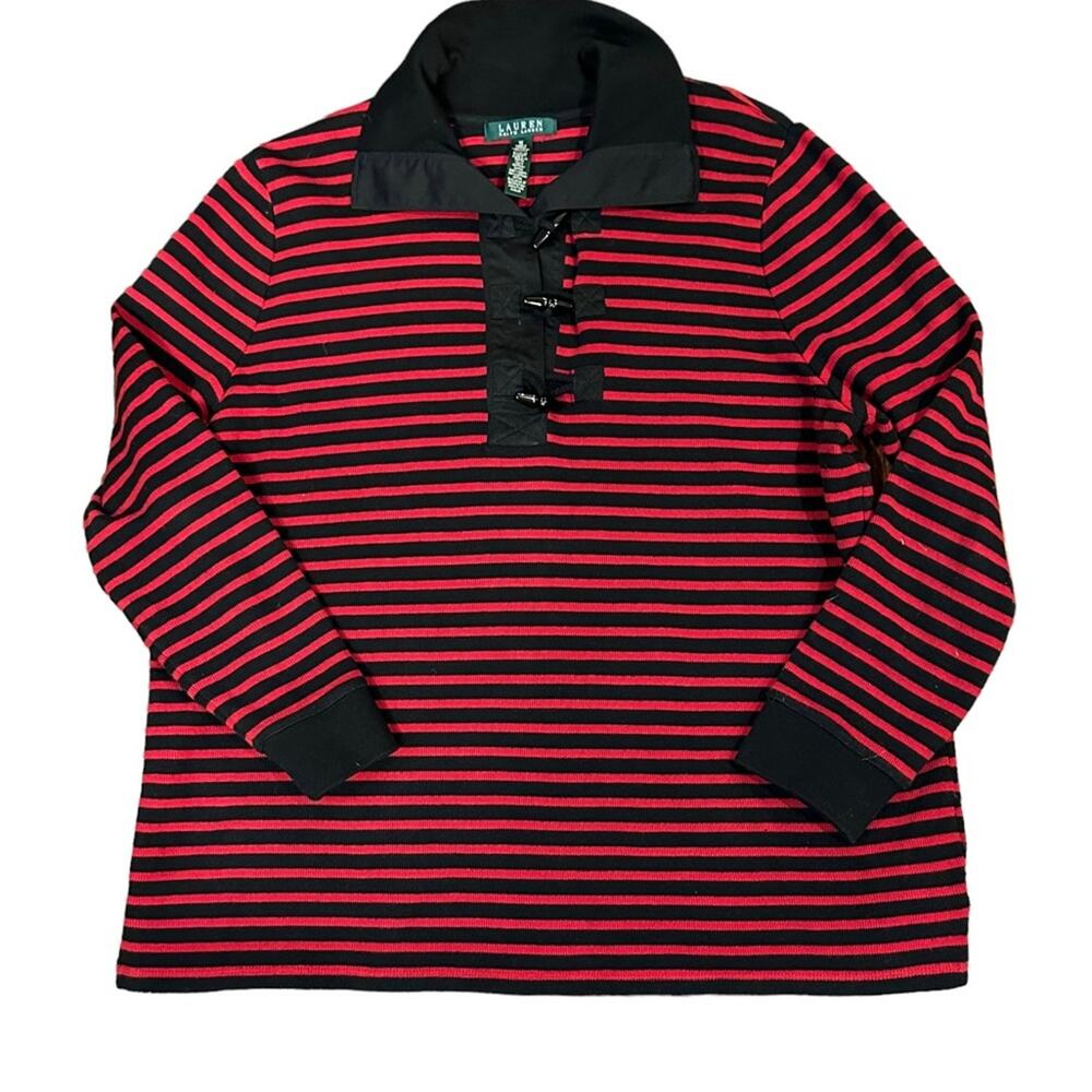 Lauren Ralph Lauren Womens 1X Black and Red Stripes Top with Toggle Closure